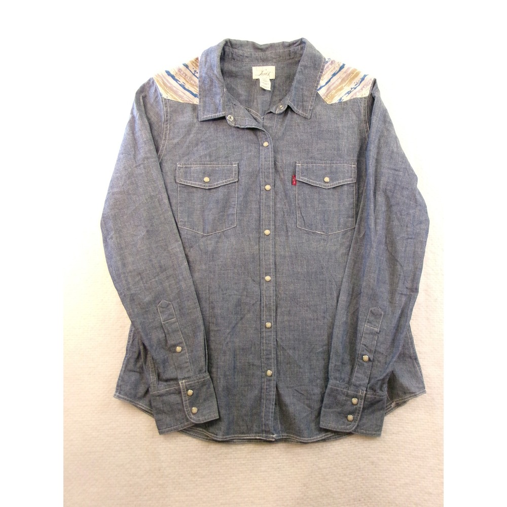 Levis Western Shirt Womens Large Blue Denim Chambray Aztec Yoke Snap Button Up
